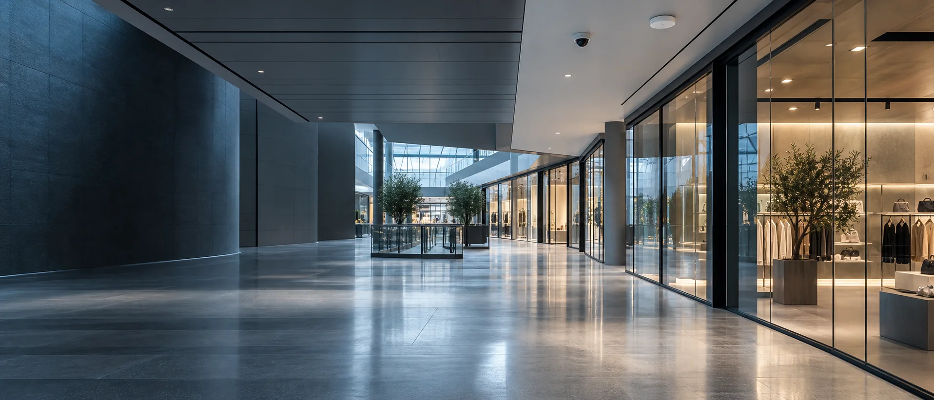 Illustration of a shopping-centre corridor with glazed store entrances